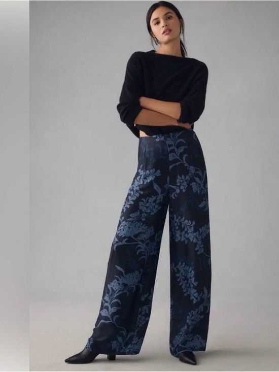 Anthropologie Pants - Anthropologie Silky High Rise Wide Leg Pants Floral Print Pockets Navy Size 10